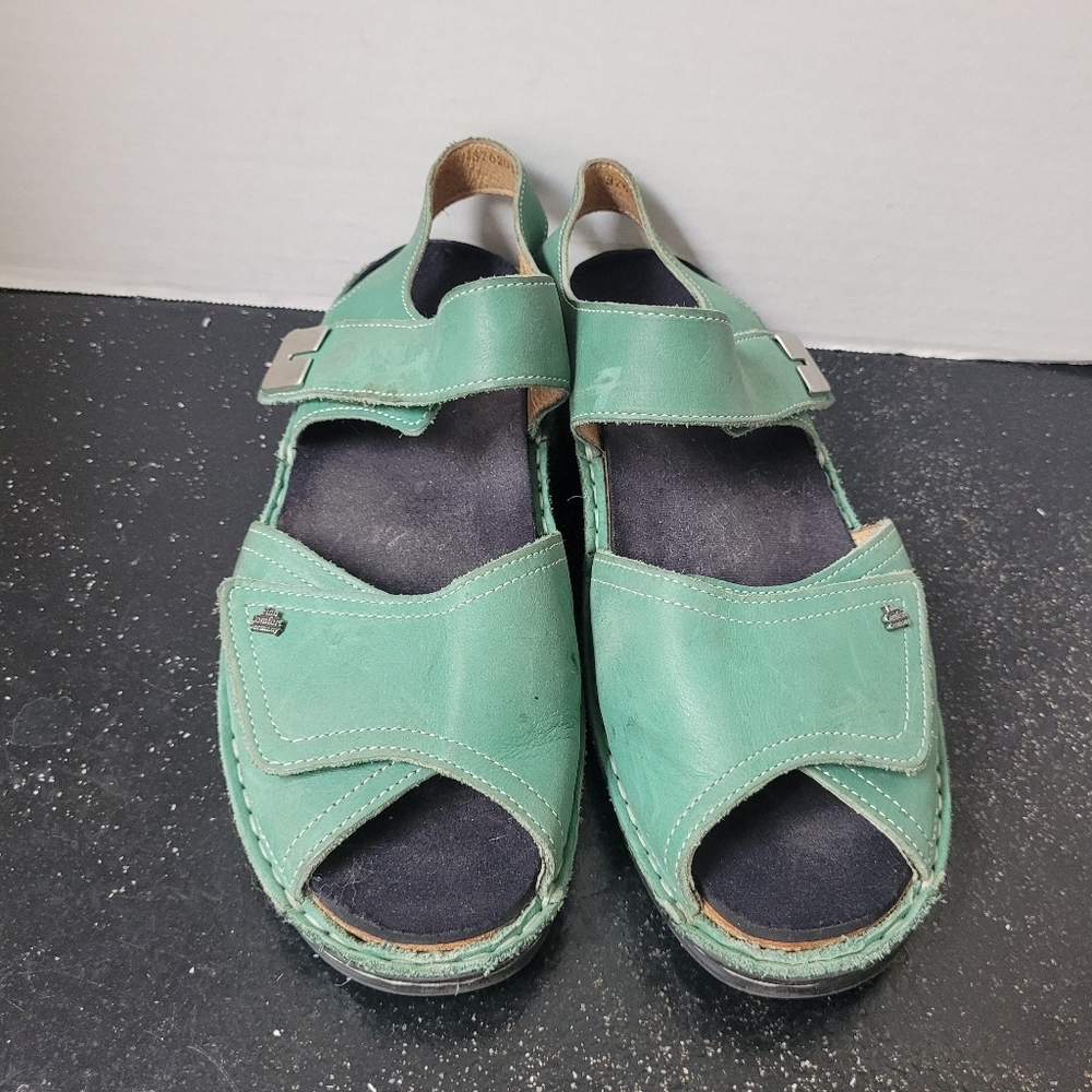 Finn Comfort Mint Green Leather Sandal with Black Footbed